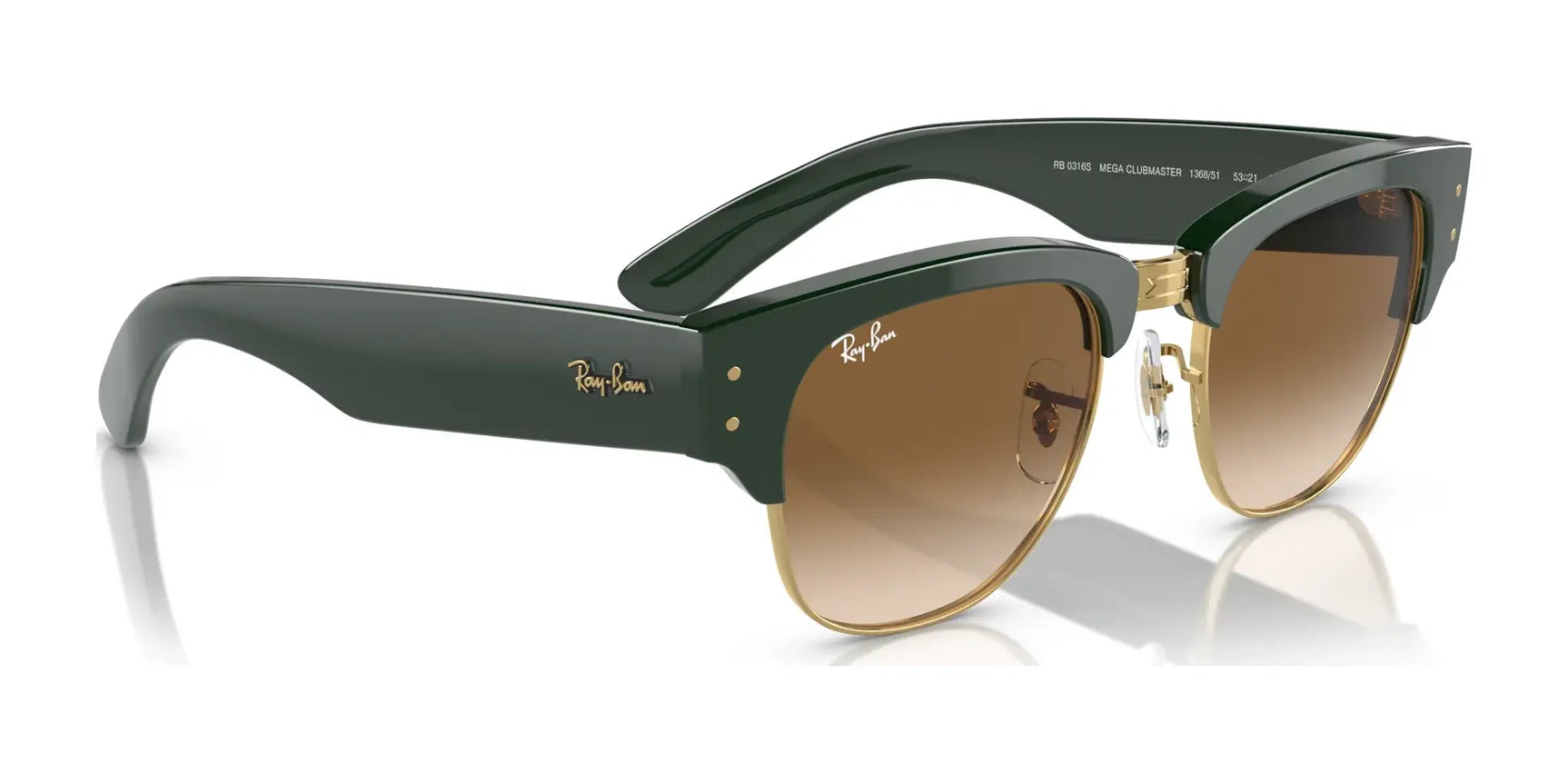 Ray-Ban MEGA CLUBMASTER RB0316S sunglasses feature a green and gold frame with brown lenses, complete with the Ray-Ban logo on the arms and lens. These stylish eyewear pieces are prescription ready, combining classic and modern elements.