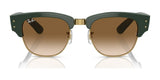 Green and gold Ray-Ban MEGA CLUBMASTER RB0316S sunglasses with brown lenses feature a logo on the left side. These stylish prescription-ready eyewear pieces are perfect for any occasion.