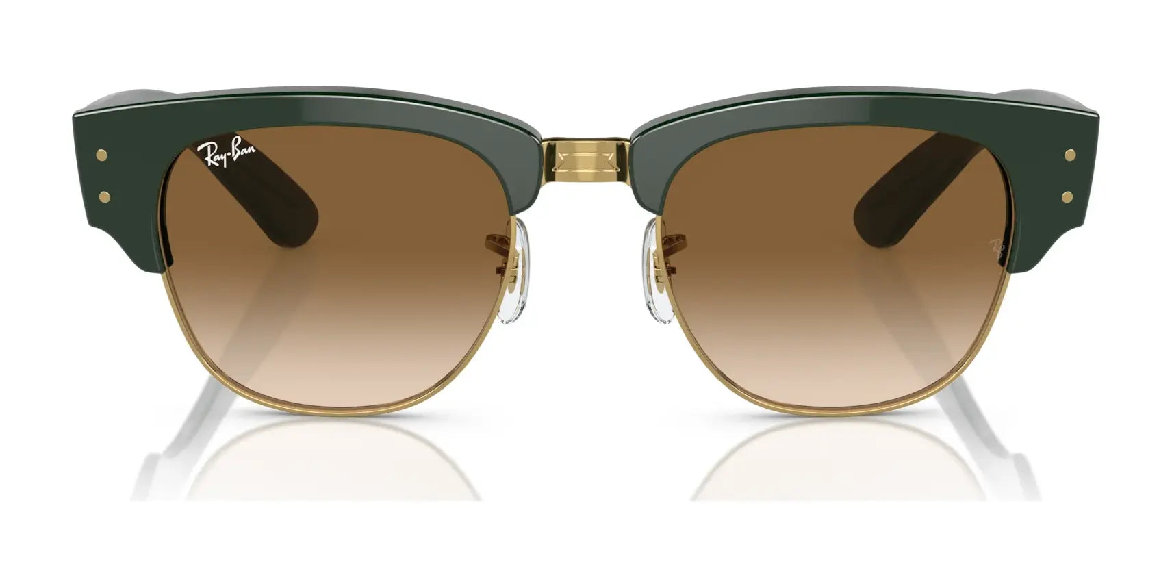 Green and gold Ray-Ban MEGA CLUBMASTER RB0316S sunglasses with brown lenses feature a logo on the left side. These stylish prescription-ready eyewear pieces are perfect for any occasion.