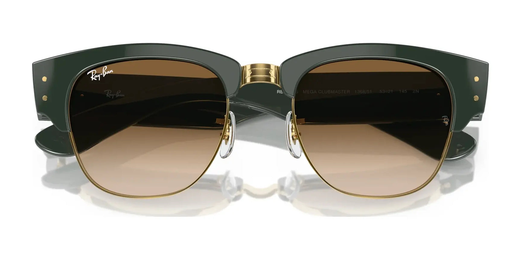 The Ray-Ban MEGA CLUBMASTER RB0316S Sunglasses feature thick dark green frames with gold accents and brown gradient lenses, embodying contemporary style. Echoing classic Clubmaster design, they are both stylish and practical, offering prescription-ready versatility for any adventure.