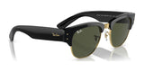 The Ray-Ban MEGA CLUBMASTER RB0316S sunglasses combine black and gold design with green lenses, embodying modern style. They feature a sleek side logo and are prescription-ready.