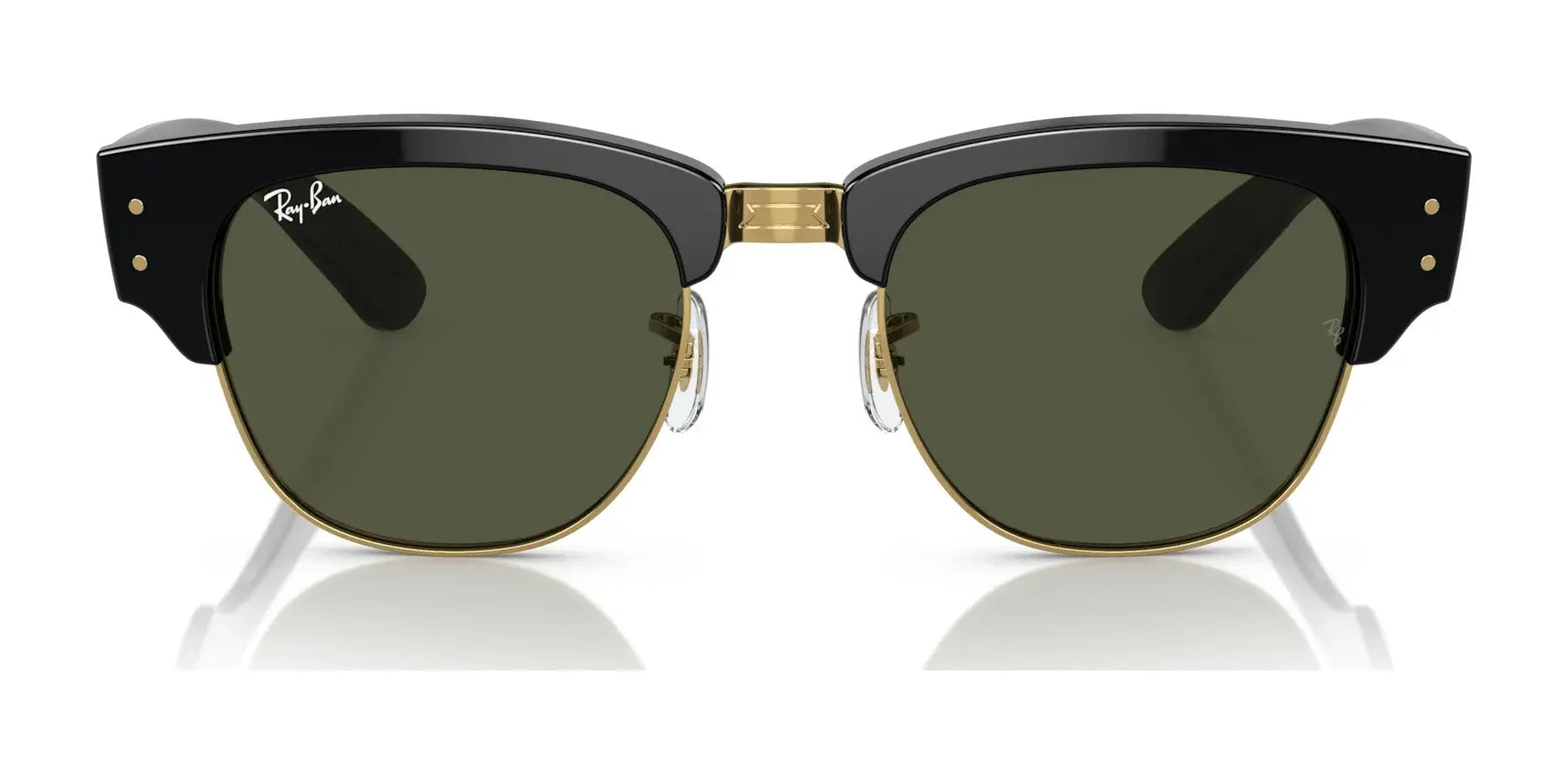 Ray-Ban MEGA CLUBMASTER RB0316S sunglasses, featuring black frames with green lenses and gold accents, elegantly rest on a reflective white surface, embodying a perfect blend of classic style and contemporary eyewear design.