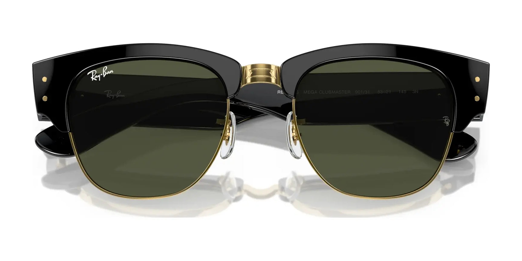 The Ray-Ban MEGA CLUBMASTER RB0316S sunglasses feature black and gold frames with green lenses, seamlessly fusing modern style with timeless design for a prescription-ready favorite.