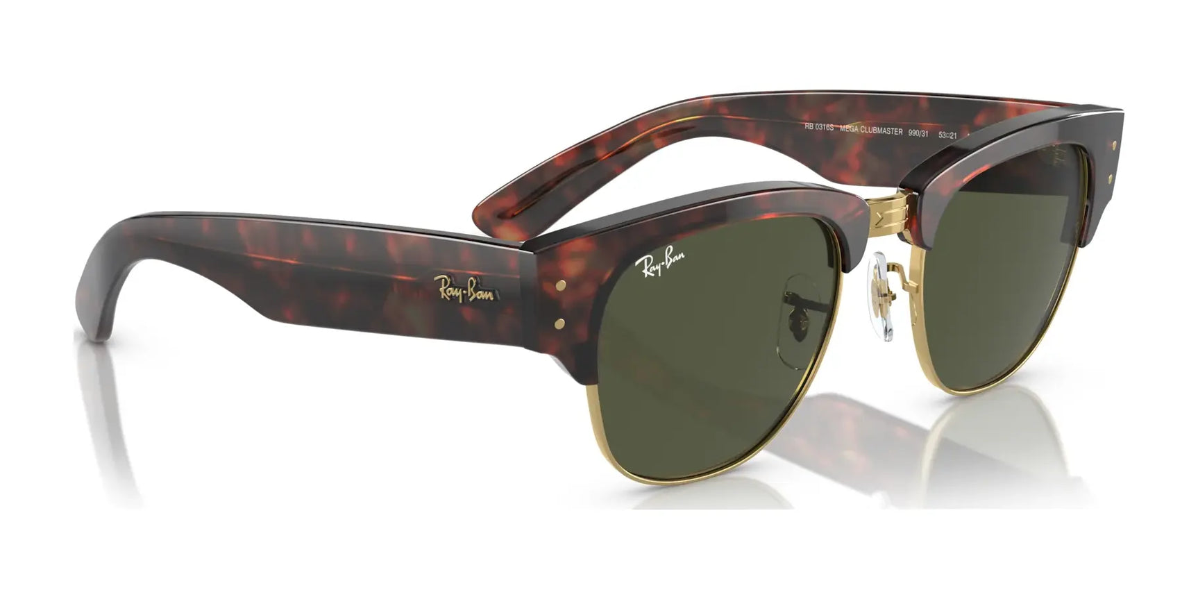 The Ray-Ban MEGA CLUBMASTER RB0316S sunglasses combine tortoiseshell frames with green lenses and gold accents for a modern look. These stylish shades are also prescription-ready for customized comfort and vision correction.