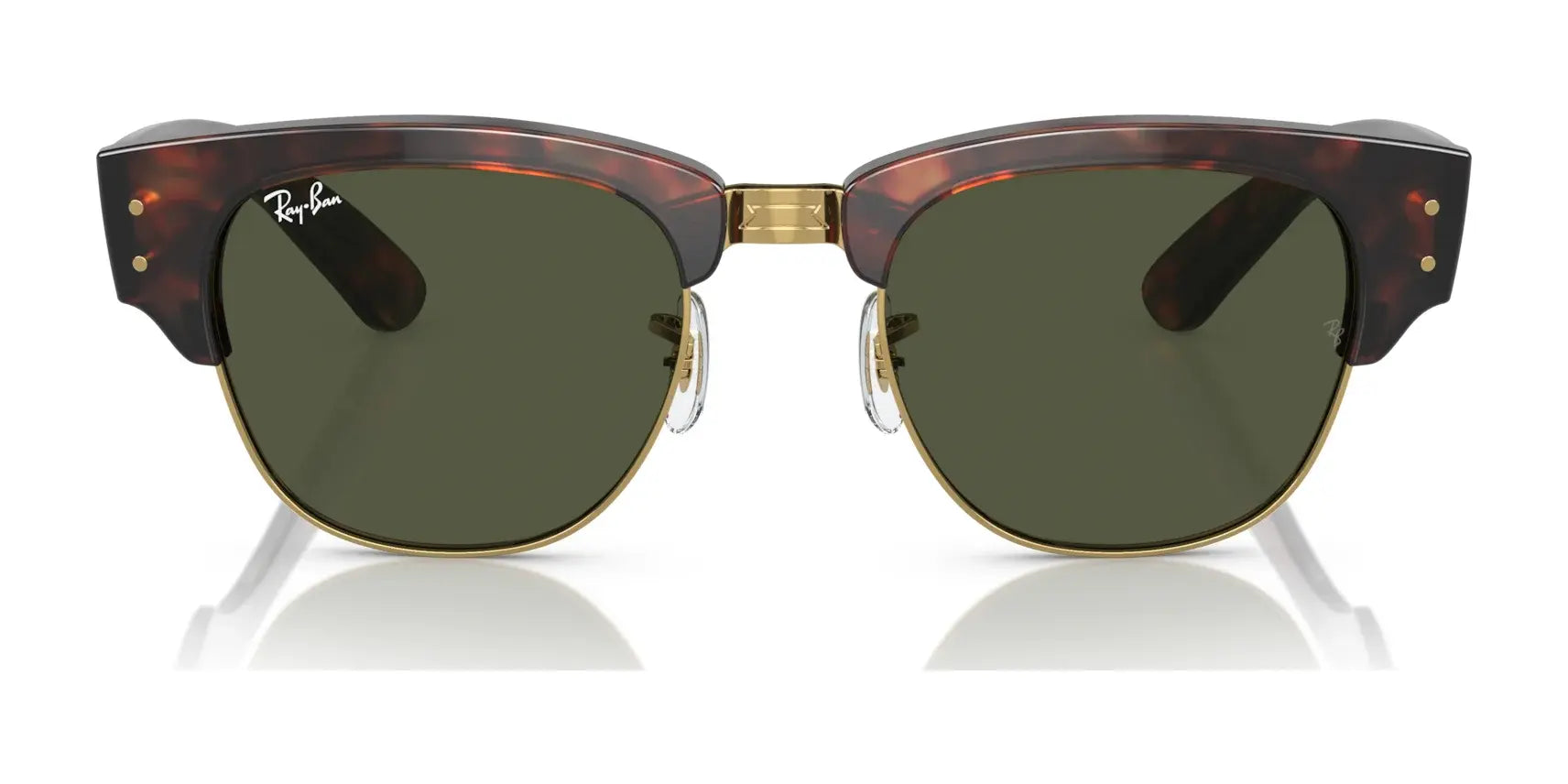 The Ray-Ban MEGA CLUBMASTER RB0316S sunglasses boast tortoiseshell frames, green lenses, and a sleek metal bridge, perfectly blending classic style with modern design.