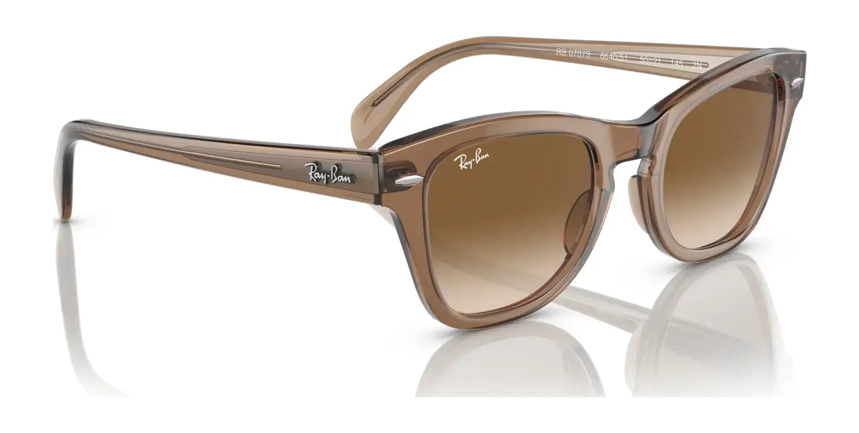 The Ray-Ban RB0707S sunglasses feature brown square acetate frames, polarized lenses, and logos on the temples.