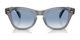 The Ray-Ban RB0707S Sunglasses feature a sleek gray acetate frame and blue-tinted lenses with a modern square shape, set against a white background.