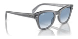 Ray-Ban RB0707S sunglasses feature an acetate frame in gray with blue-tinted polarized lenses and the iconic logo on the temples, elegantly reflected on a white surface.