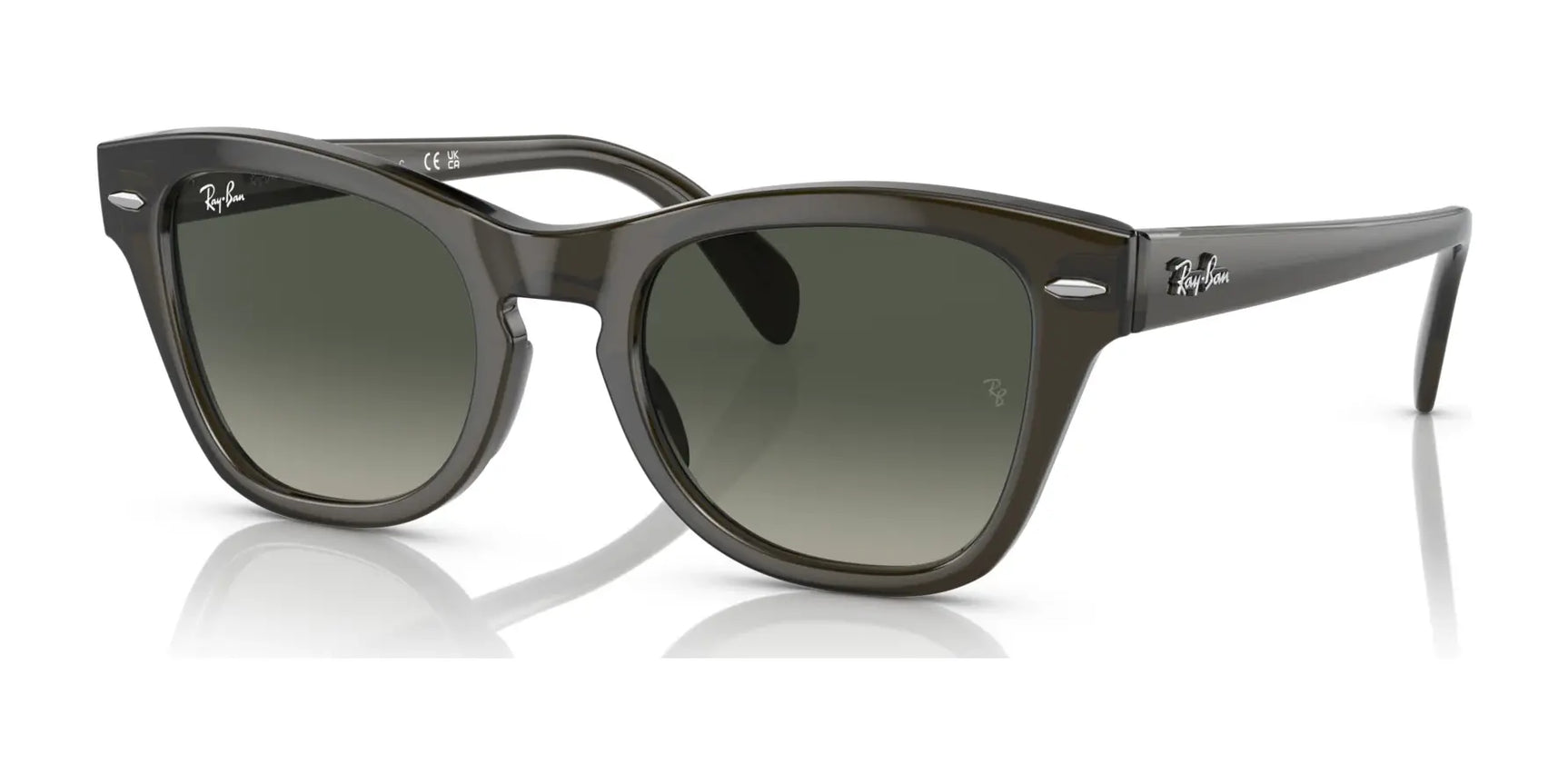 Ray-Ban RB0707S sunglasses boast dark green polarized lenses and sleek black acetate frames, elegantly reflecting light on a white background.