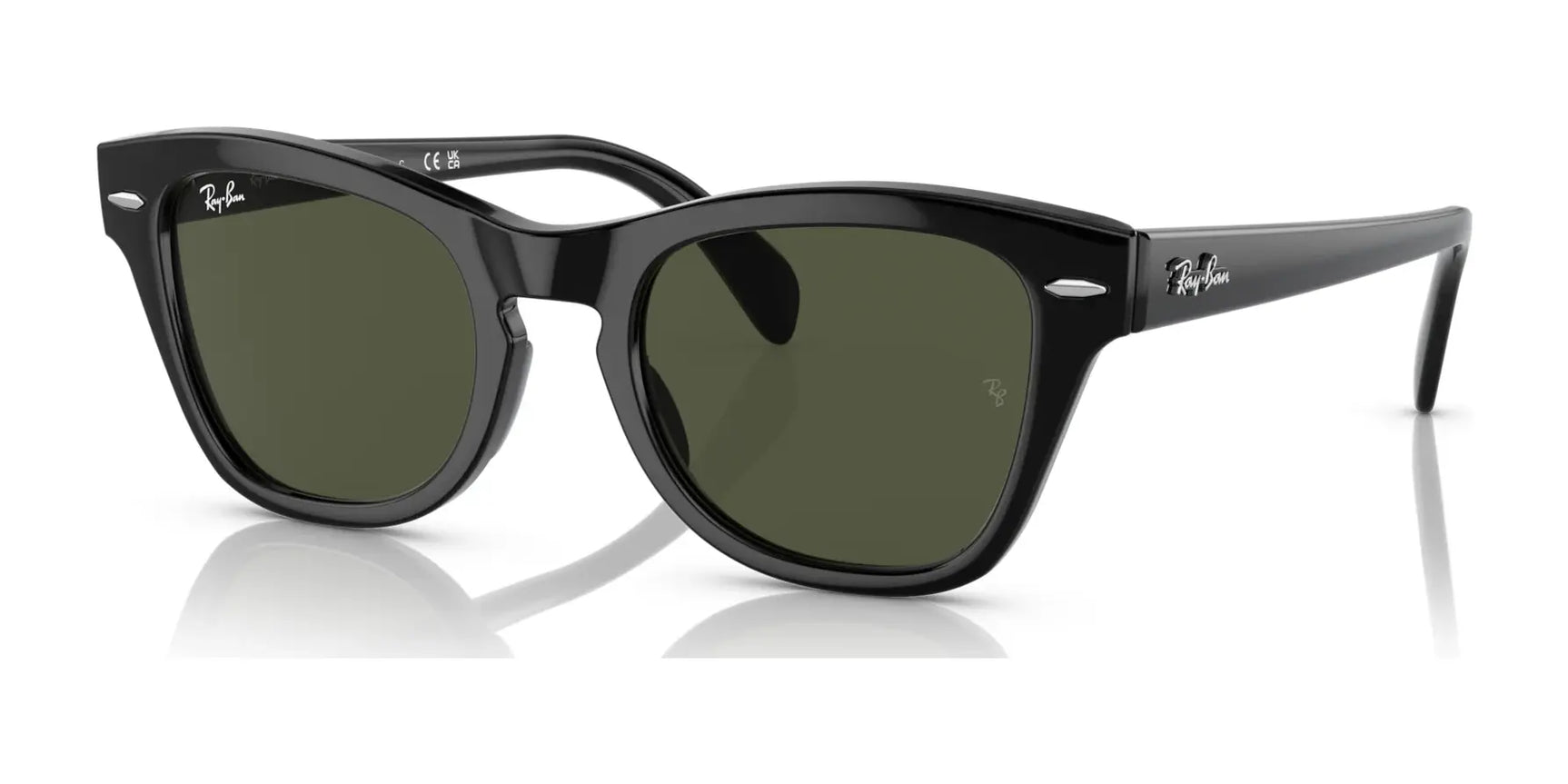 Ray-Ban RB0707S sunglasses feature black acetate frames, dark lenses, a classic square shape, and logo details on the temples and lens for a timeless look.