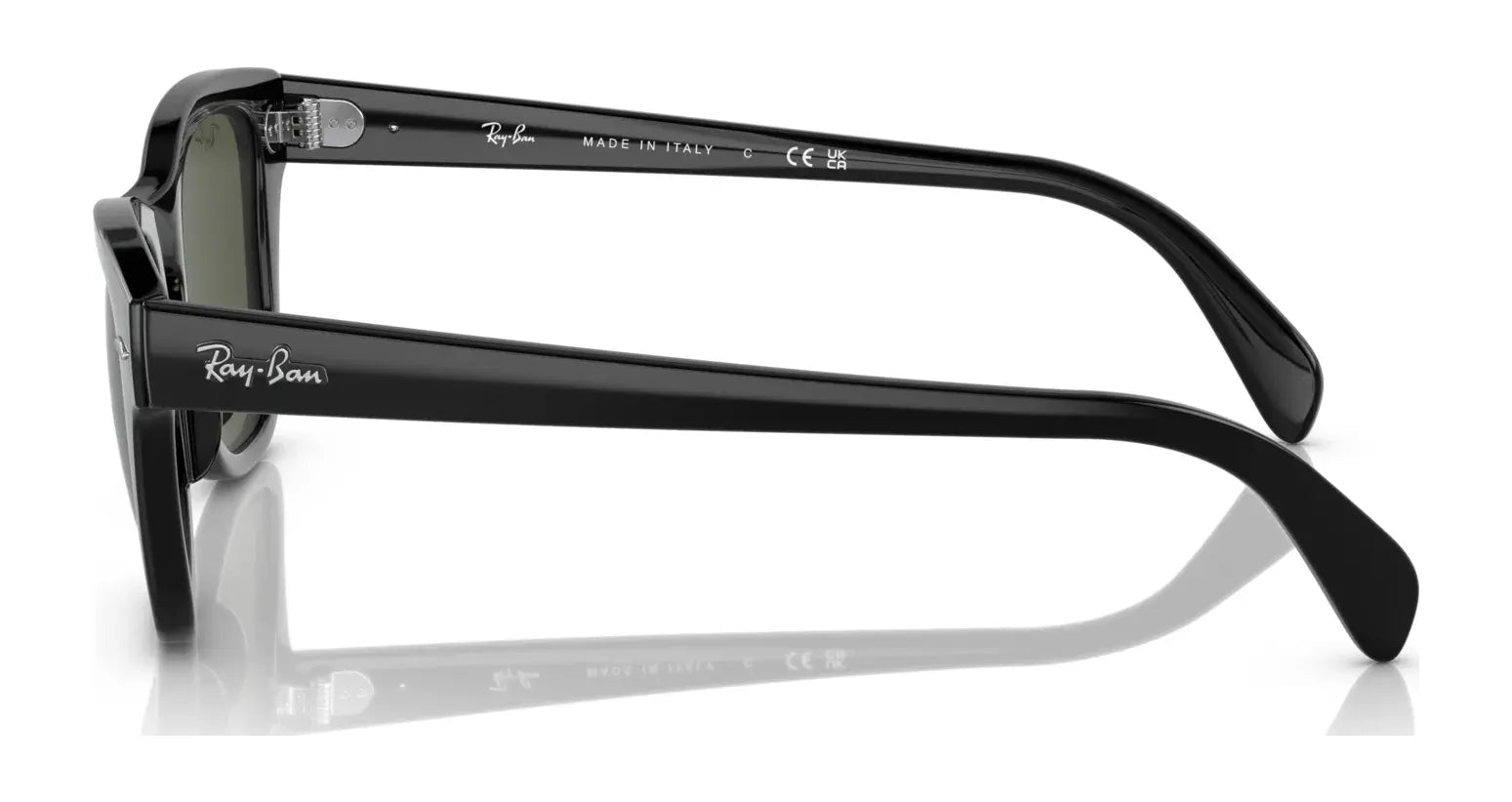 Side view of the Ray-Ban RB0707S Sunglasses showcasing a sleek square shape, black acetate frame arms with branding, and green lenses.