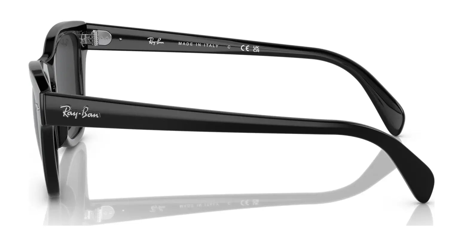 Side view of Ray-Ban RB0707S sunglasses with polar lenses, visible logos on temples and inner arm, featuring a sleek black acetate frame.