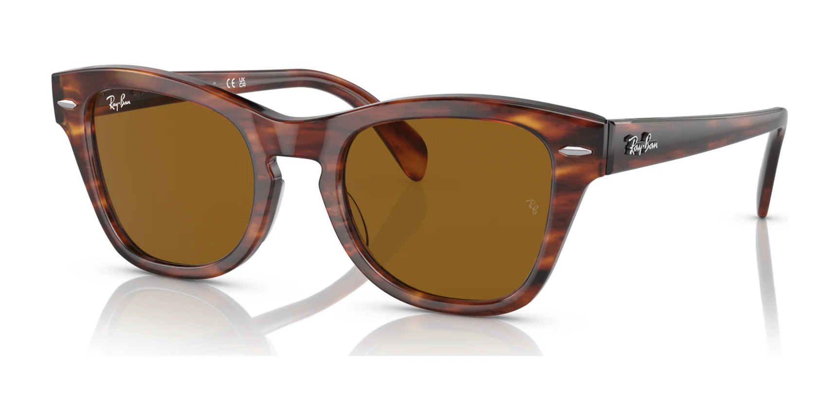 Ray-Ban RB0707S sunglasses feature brown tortoiseshell design with polarized lenses, an acetate frame, and reflective surfaces.