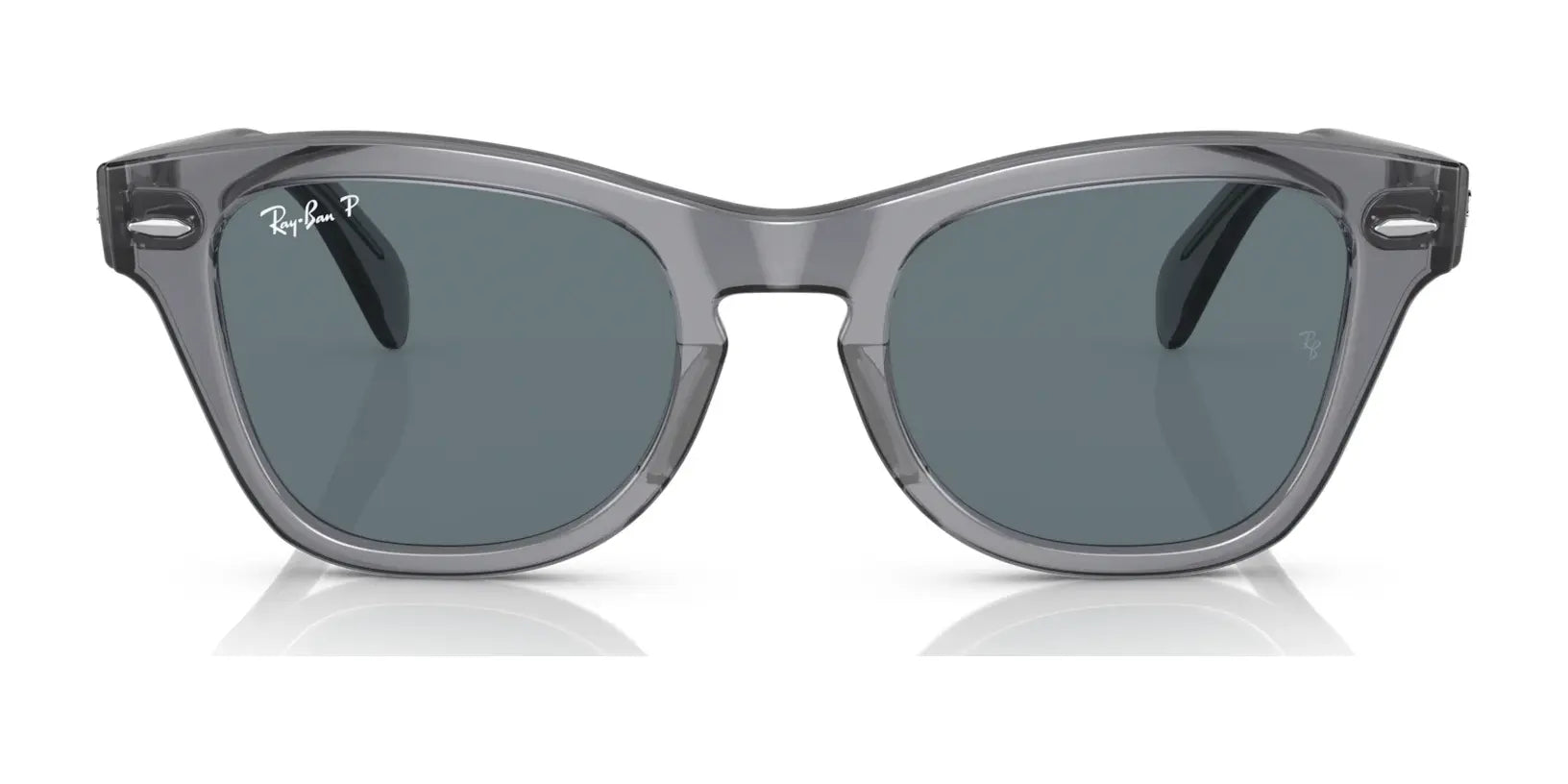 The Ray-Ban RB0707SF Sunglasses | Size 53 feature a sleek transparent acetate frame with dark gray polarized lenses, offering stylish and complete UV protection.