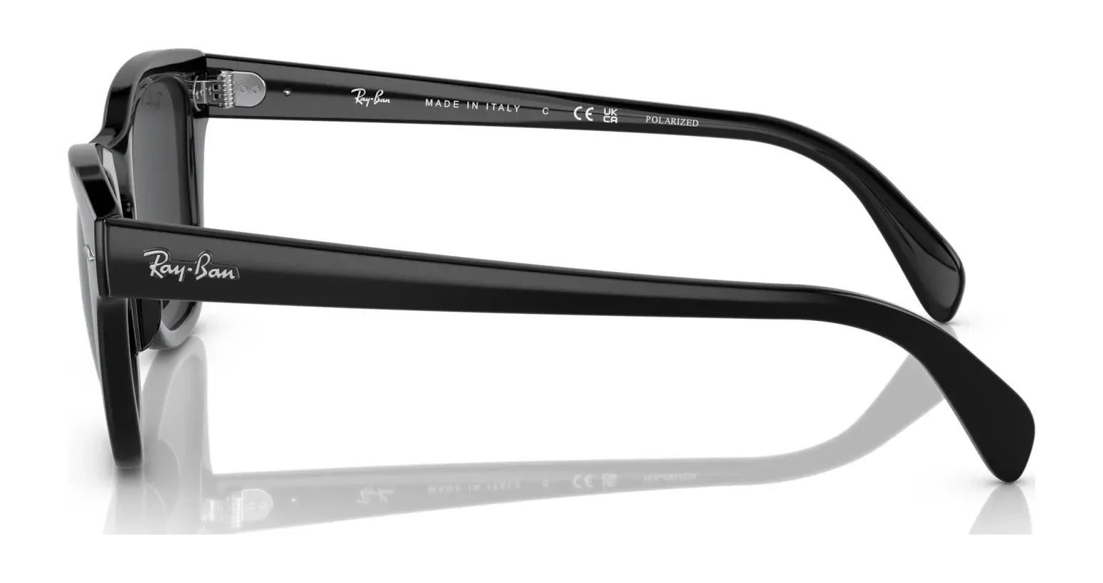 Side view of Ray-Ban RB0707SF sunglasses in black with acetate frame, polarized lenses, and branding on the arms.