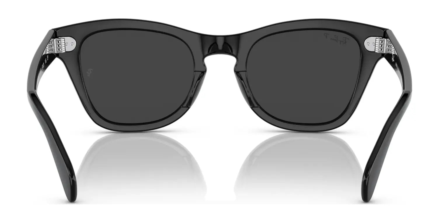 The Ray-Ban RB0707SF Sunglasses, Size 53, showcase a sleek acetate frame with black rectangular lenses, visible silver hinges, and UV protection.