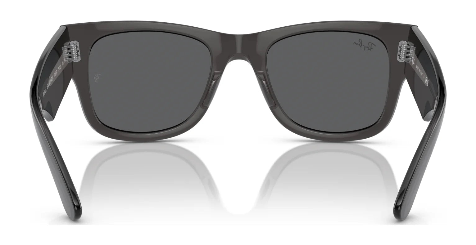 The Ray-Ban MEGA WAYFARER RB0840S Sunglasses, size 51, feature a rear view of sleek dark-tinted square lenses with black frames and transparent nose pads elegantly reflecting on a surface.