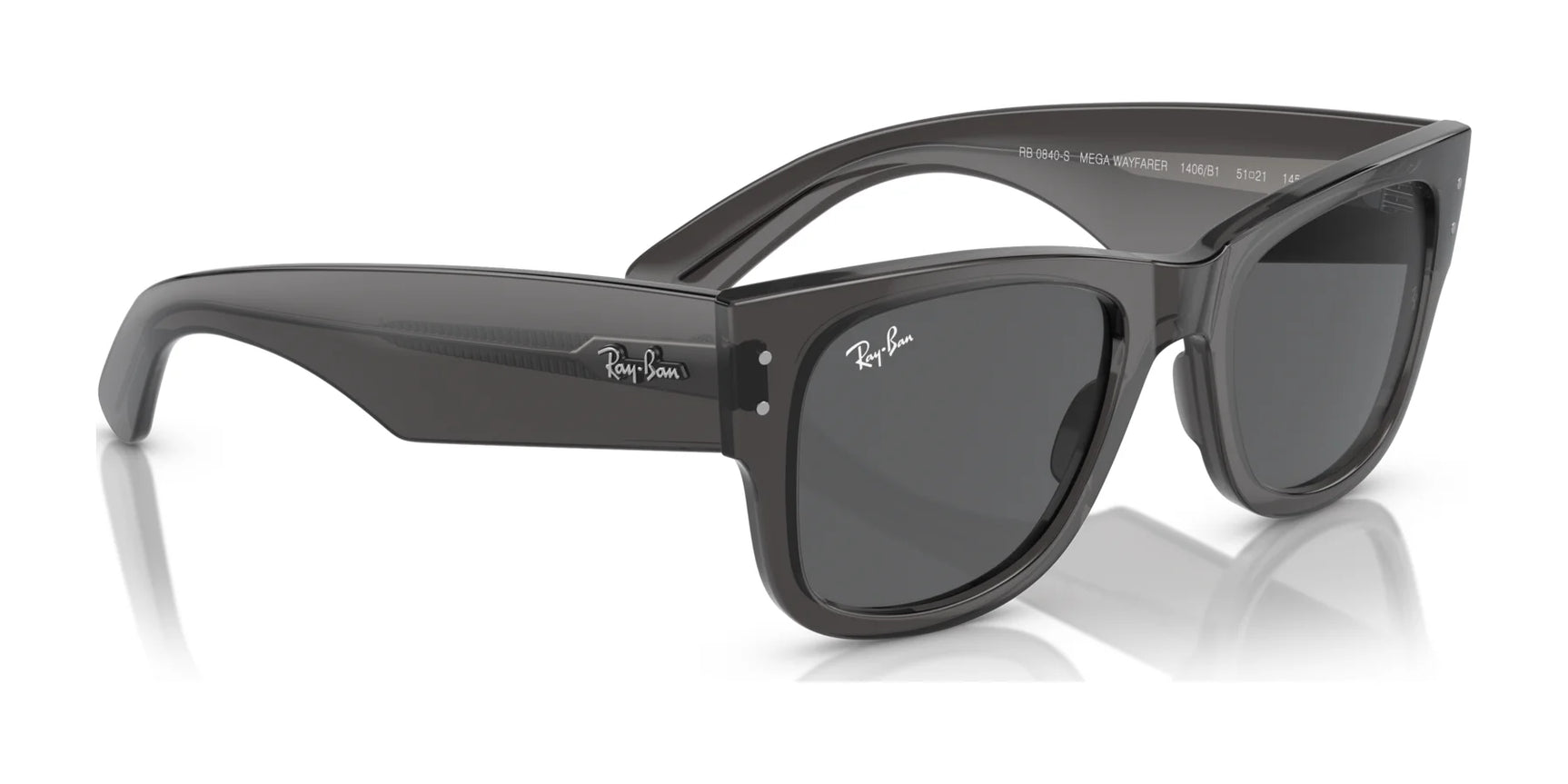 Ray-Ban MEGA WAYFARER RB0840S Sunglasses, Size 51, feature thick gray frames and dark lenses against a white background, epitomizing the iconic Ray-Ban style.