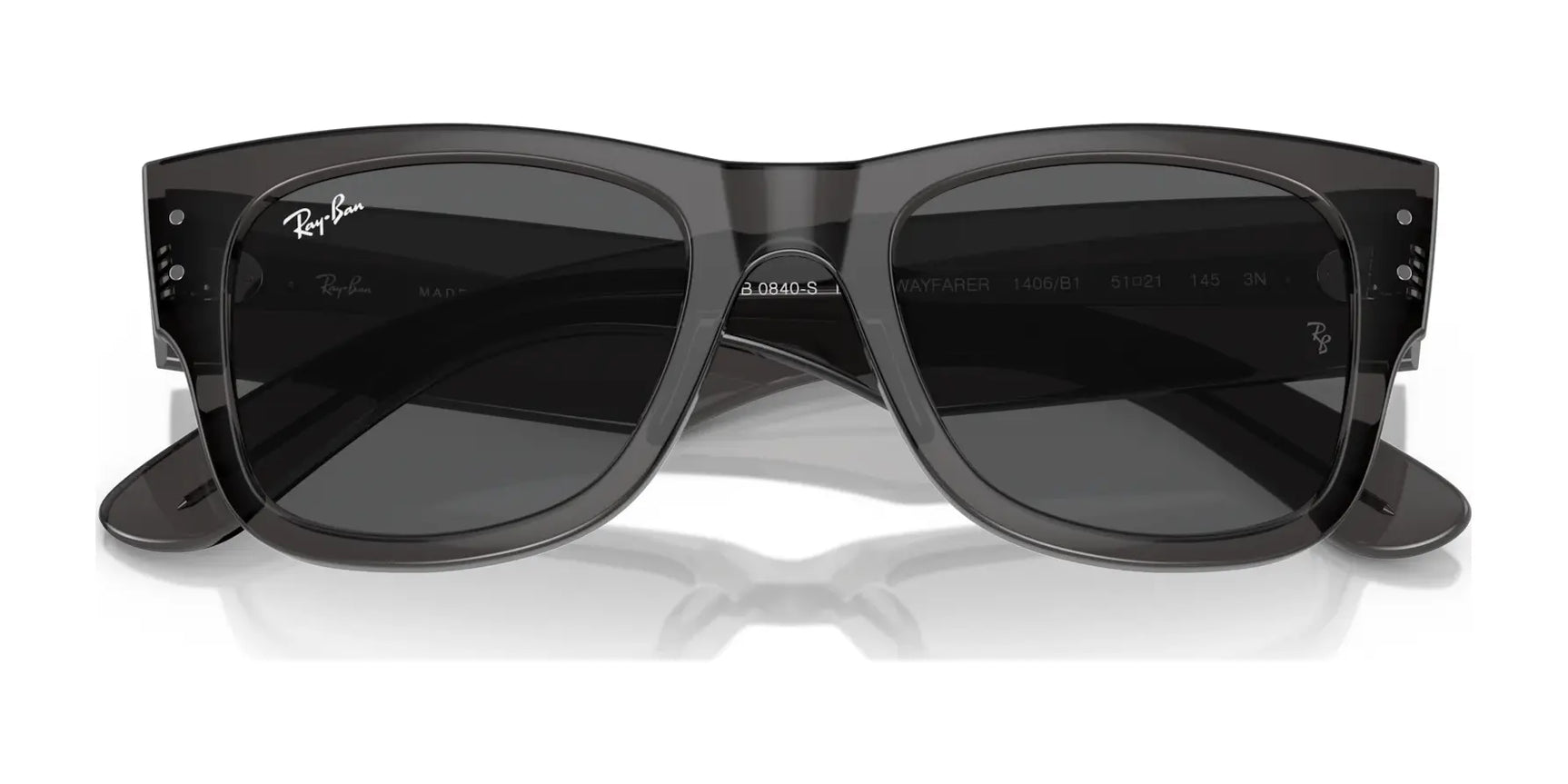 The Ray-Ban MEGA WAYFARER RB0840S Sunglasses, Size 51, feature black square frames with mirrored lenses and display the iconic Ray-Ban logo on the lens corner and arms.