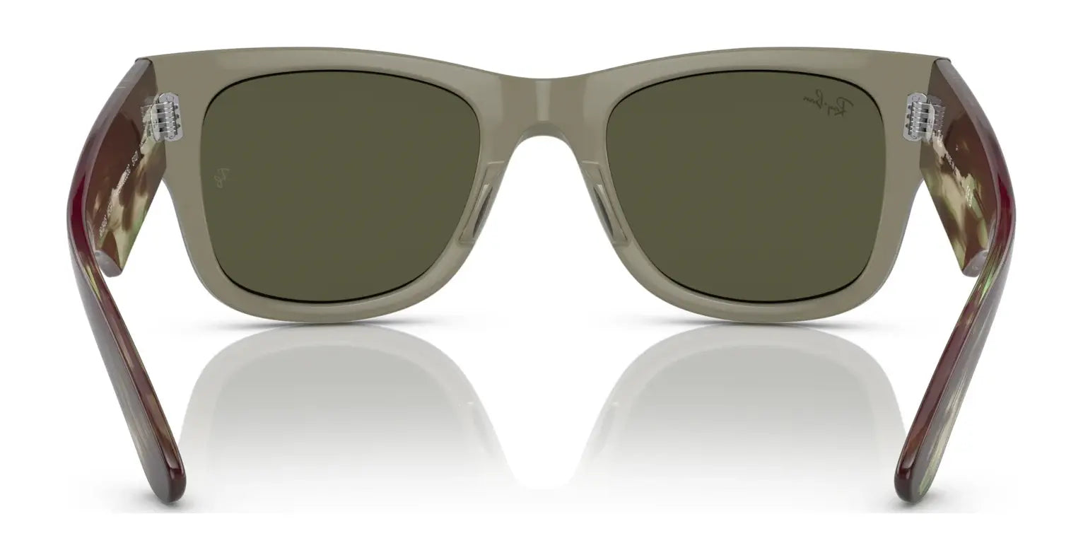 Back view of Ray-Ban MEGA WAYFARER RB0840S Sunglasses with dark mirror lenses and brown gradient temples elegantly reflecting on a shiny surface.