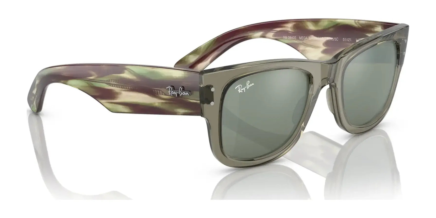 The Ray-Ban MEGA WAYFARER RB0840S sunglasses, Size 51, feature gray-tinted mirror lenses and a camouflage pattern, stylishly resting on a reflective surface.