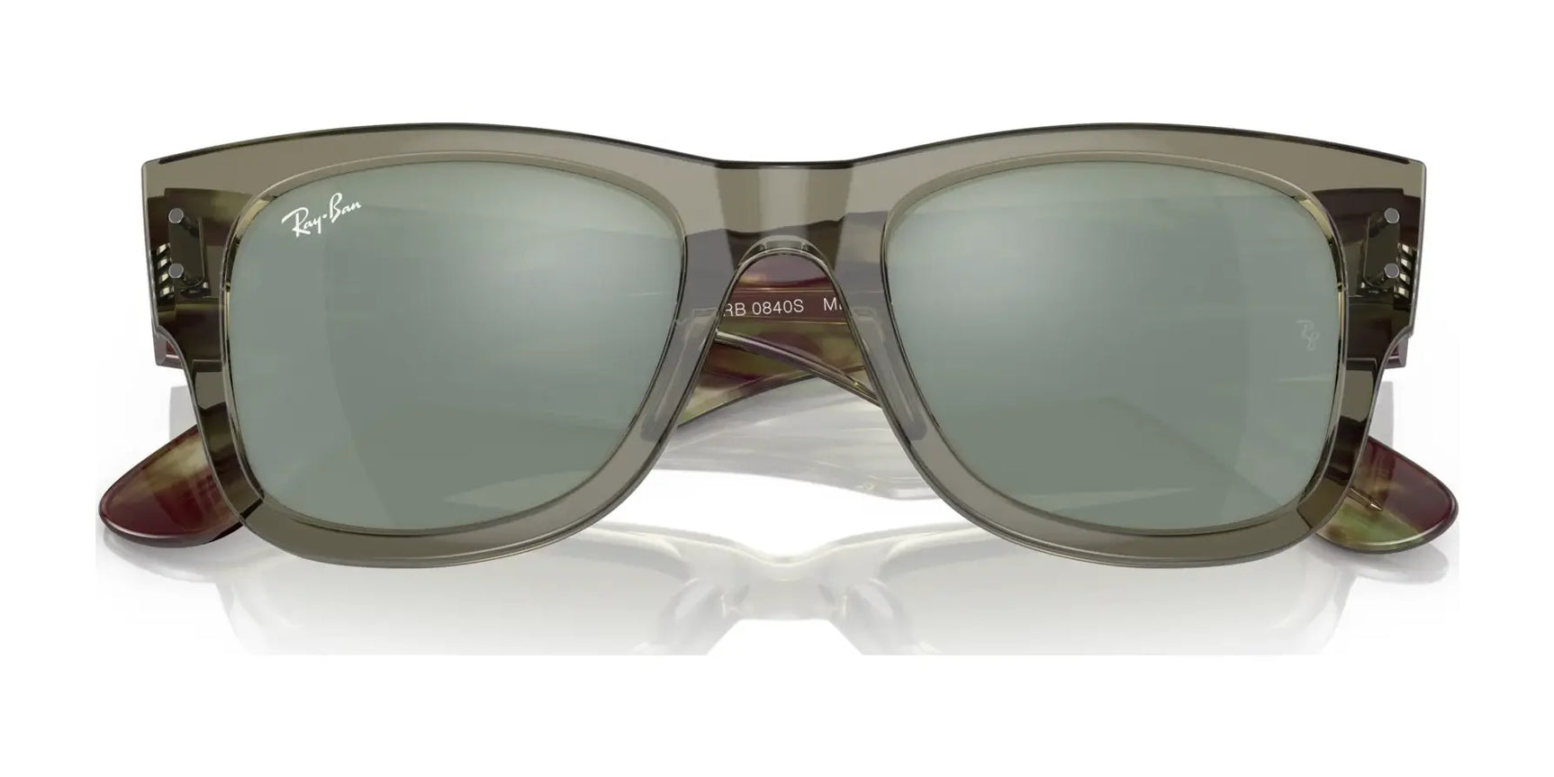 Discover the Ray-Ban MEGA WAYFARER RB0840S Sunglasses, Size 51, featuring sleek transparent green frames and stylish green-tinted lenses with the iconic Ray-Ban branding on the top left lens.