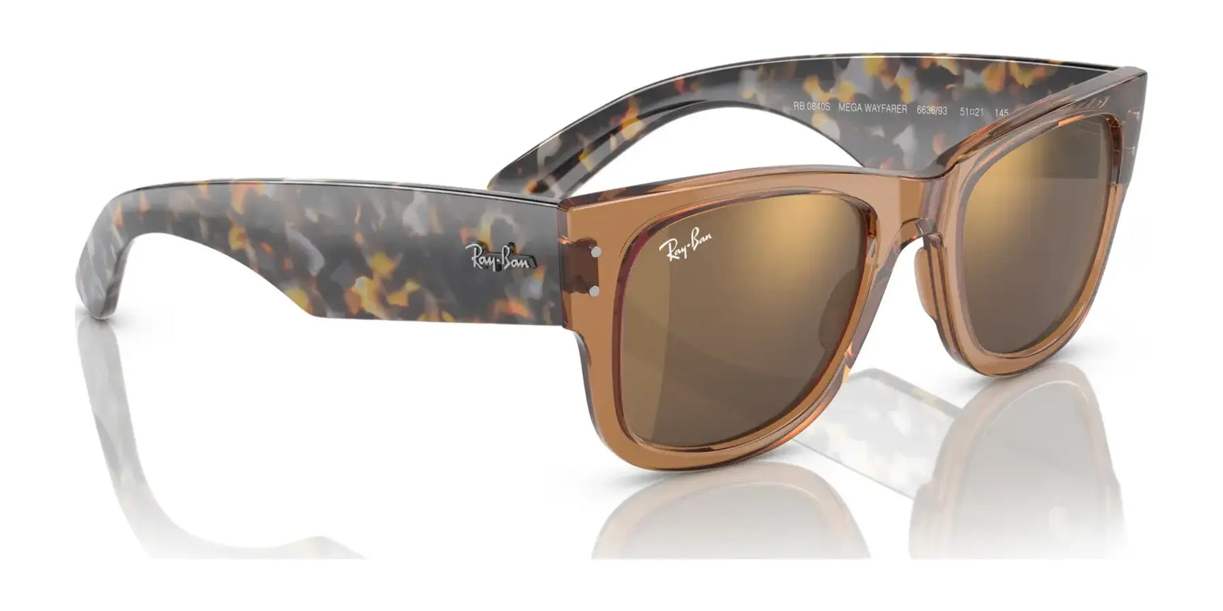 Ray-Ban MEGA WAYFARER RB0840S sunglasses, size 51, feature tortoiseshell frames and brown mirror lenses.