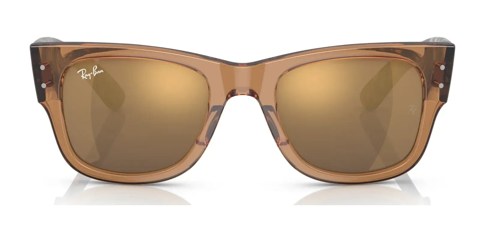 The Ray-Ban MEGA WAYFARER RB0840S sunglasses feature brown-tinted, mirror lenses and thick transparent frames in size 51, with a small logo on the top left for added style.