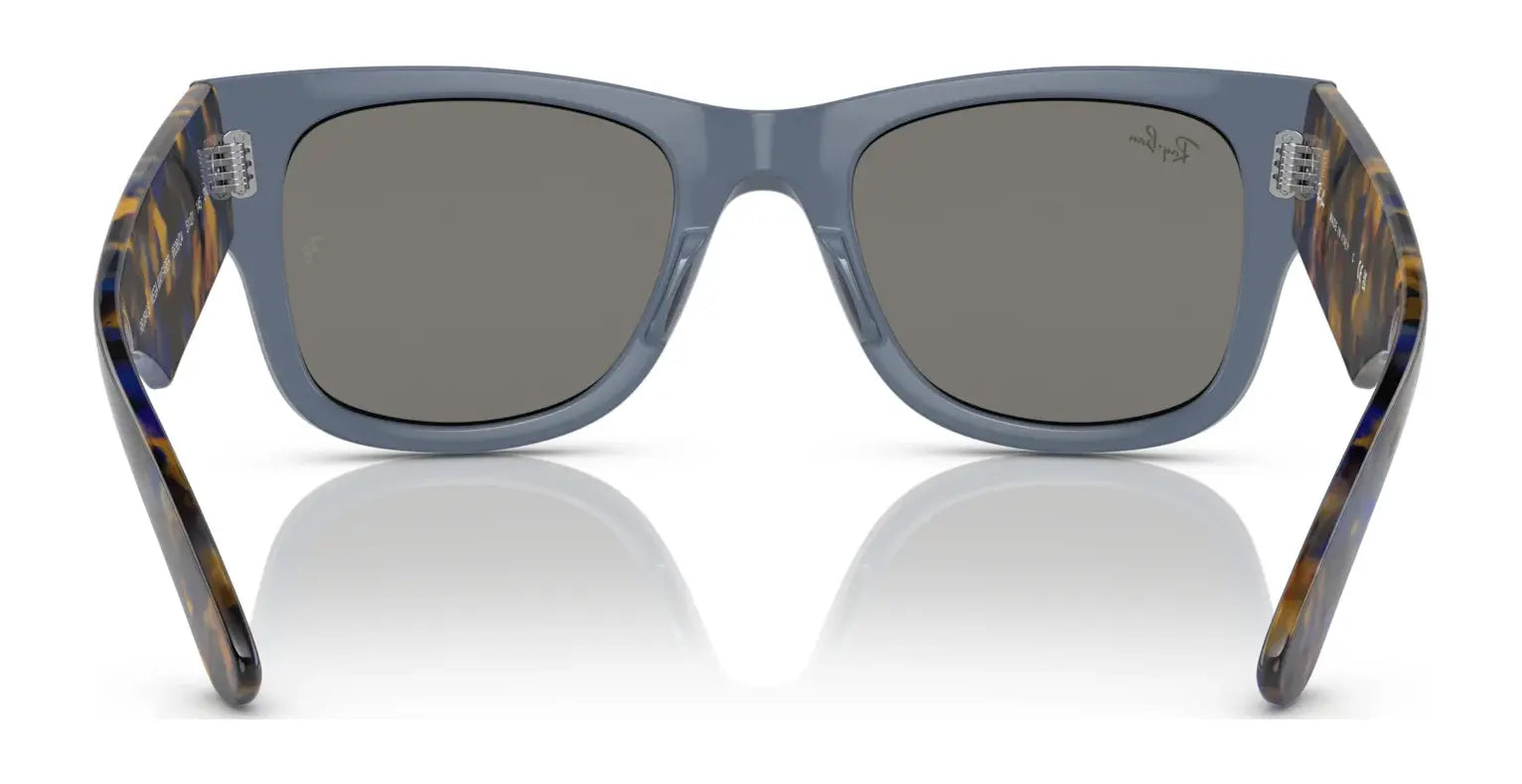 The Ray-Ban MEGA WAYFARER RB0840S Sunglasses, size 51, feature blue frames, dark lenses, and tortoiseshell-patterned temples in a front view.