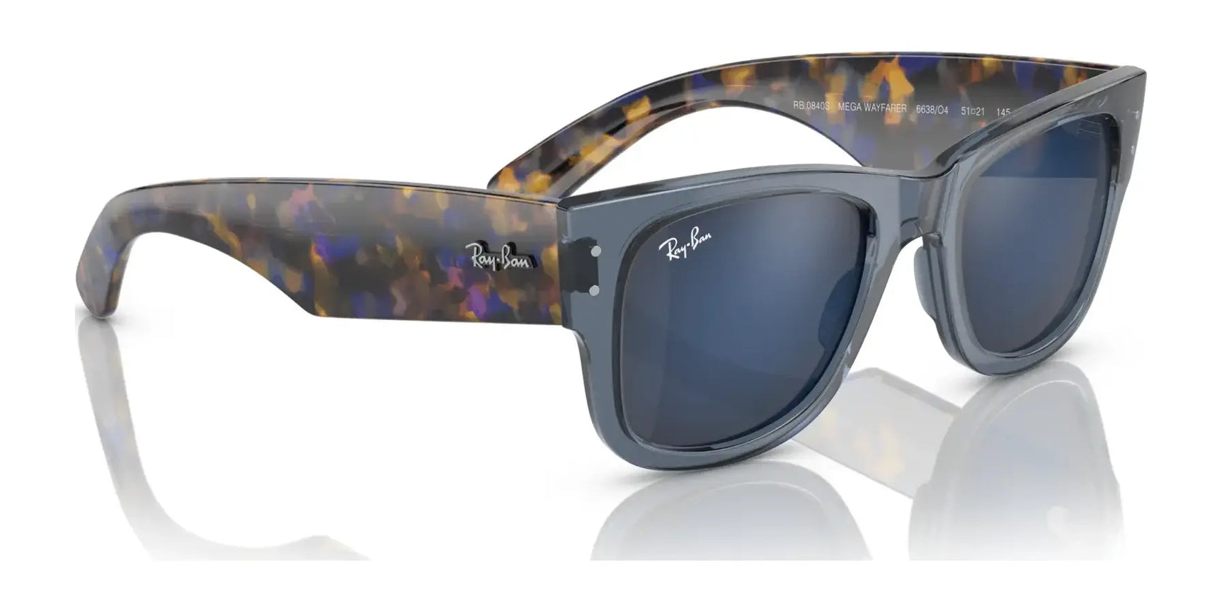 Check out the Ray-Ban MEGA WAYFARER RB0840S Sunglasses in Size 51, featuring tortoiseshell-patterned frames, dark mirror lenses, and a prominent logo on the temples for a signature look.