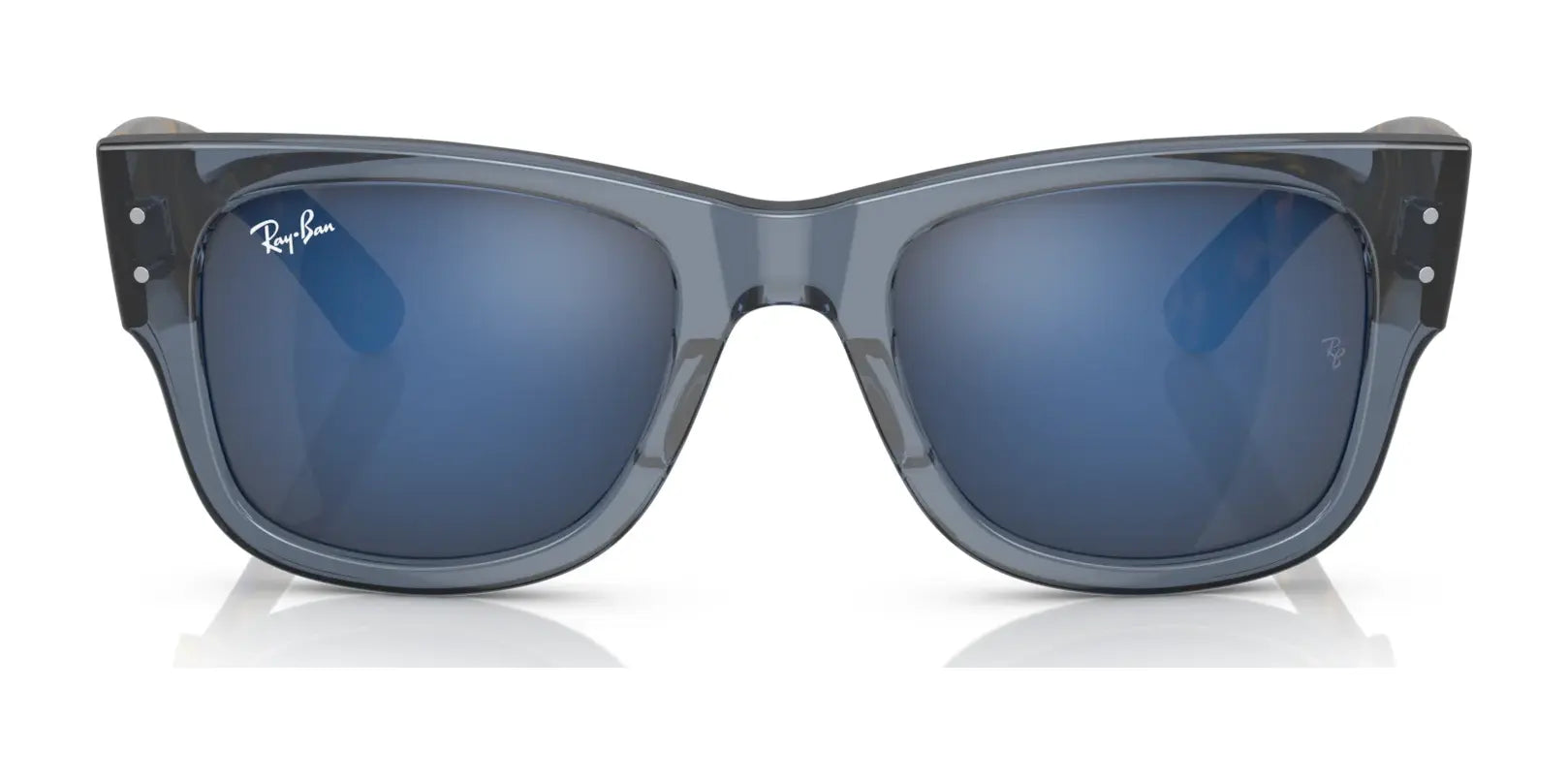 Ray-Ban MEGA WAYFARER RB0840S sunglasses, size 51, featuring blue lenses and a translucent gray frame on a white background.