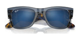 The Ray-Ban MEGA WAYFARER RB0840S Sunglasses in size 51 sport blue mirror lenses with a translucent gray frame and tortoiseshell arms for a sleek, stylish look.