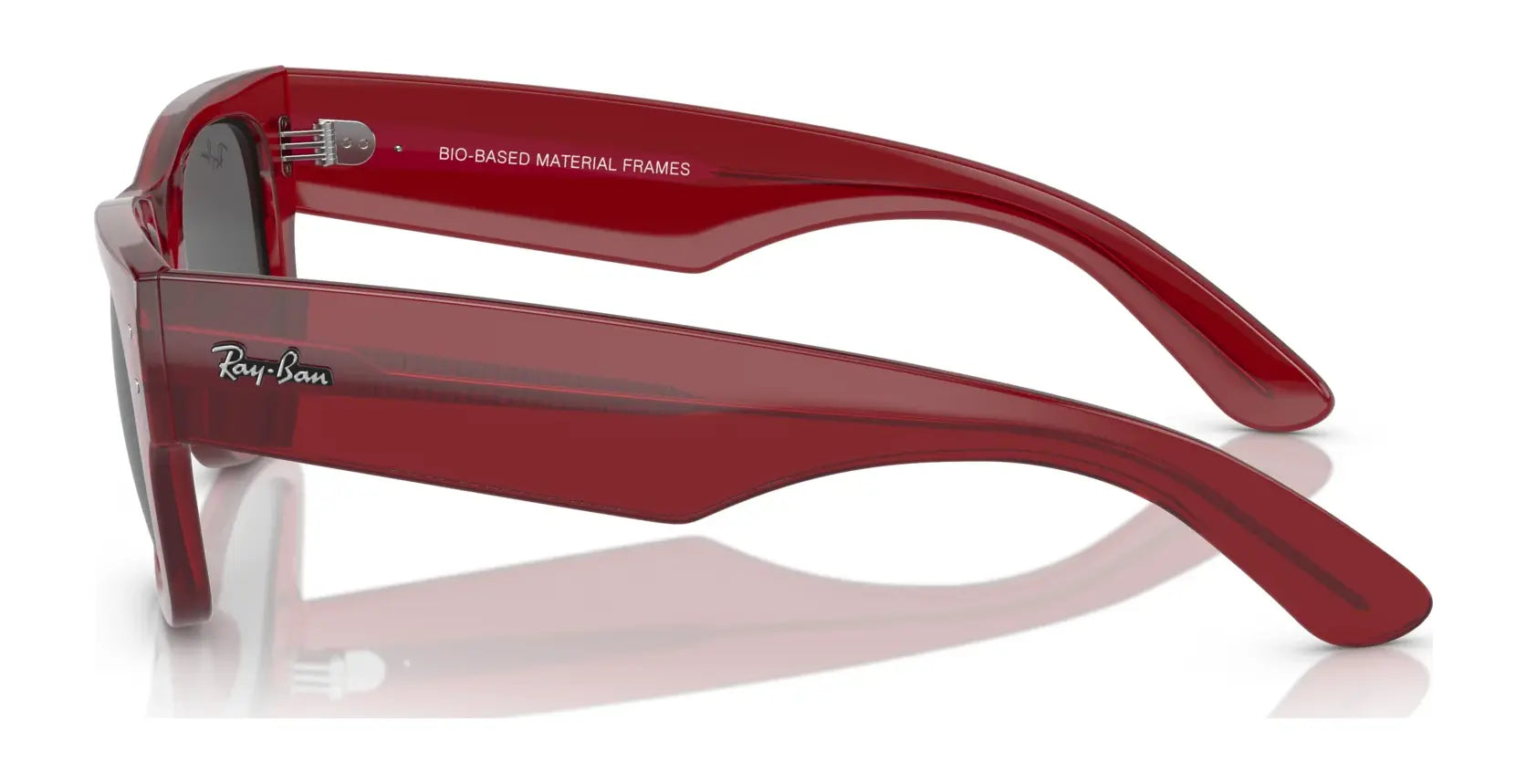 Side view of red Ray-Ban MEGA WAYFARER RB0840S sunglasses with bio-based material frames and mirrored lenses in size 51.