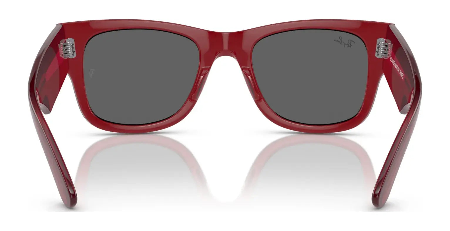 The red-framed Ray-Ban MEGA WAYFARER RB0840S sunglasses in size 51 feature sleek dark lenses, offering a bold and stylish look from the front.