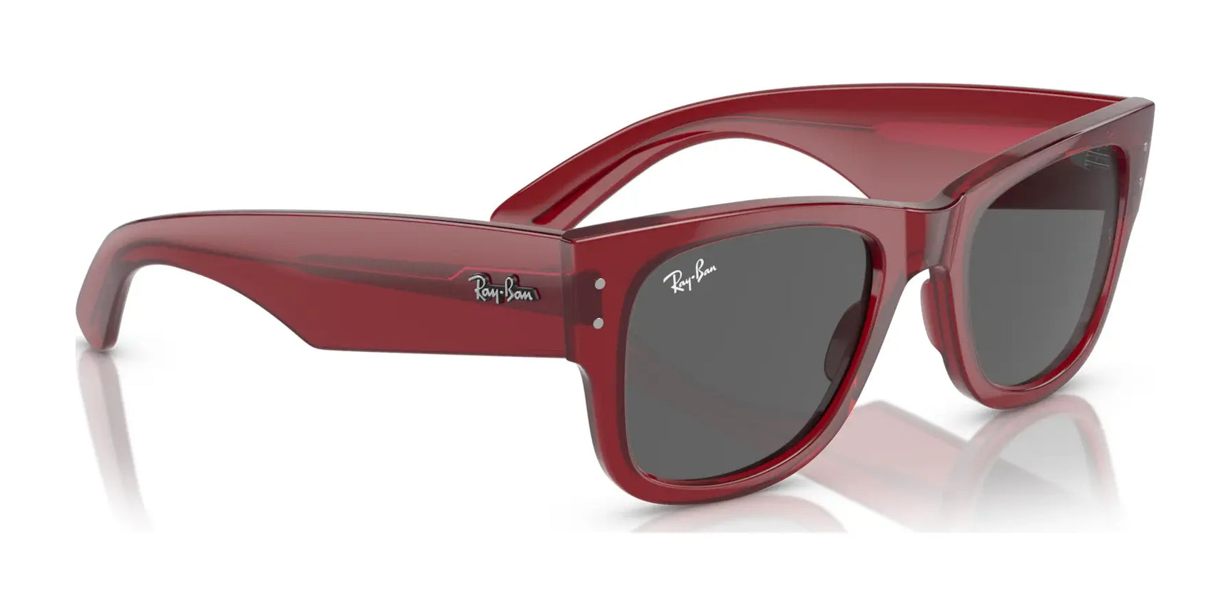 The Ray-Ban MEGA WAYFARER RB0840S Sunglasses, size 51, feature dark mirror lenses and iconic logos on the upper corners, expertly angled to showcase both the front and side—offering a bold statement in style.