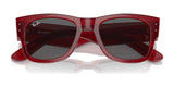 Ray-Ban MEGA WAYFARER RB0840S sunglasses, size 51, with red frames and mirror lenses are elegantly showcased on a reflective surface, highlighting their style.