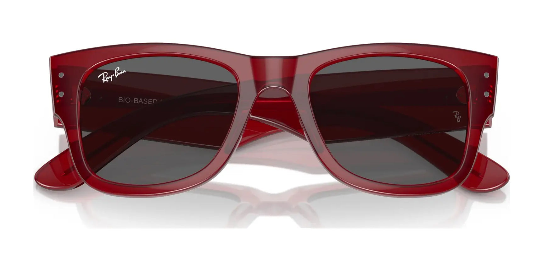 Ray-Ban MEGA WAYFARER RB0840S sunglasses, size 51, with red frames and mirror lenses are elegantly showcased on a reflective surface, highlighting their style.