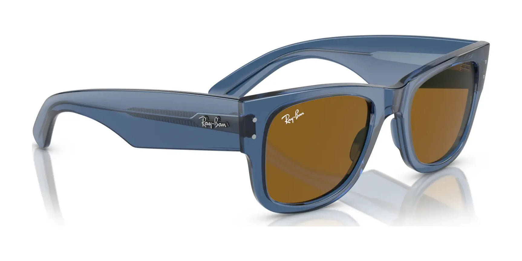 Ray-Ban MEGA WAYFARER RB0840S Sunglasses, Size 51, are stylishly blue with mirror lenses and a glossy finish, featuring the Ray-Ban logo on the arms.