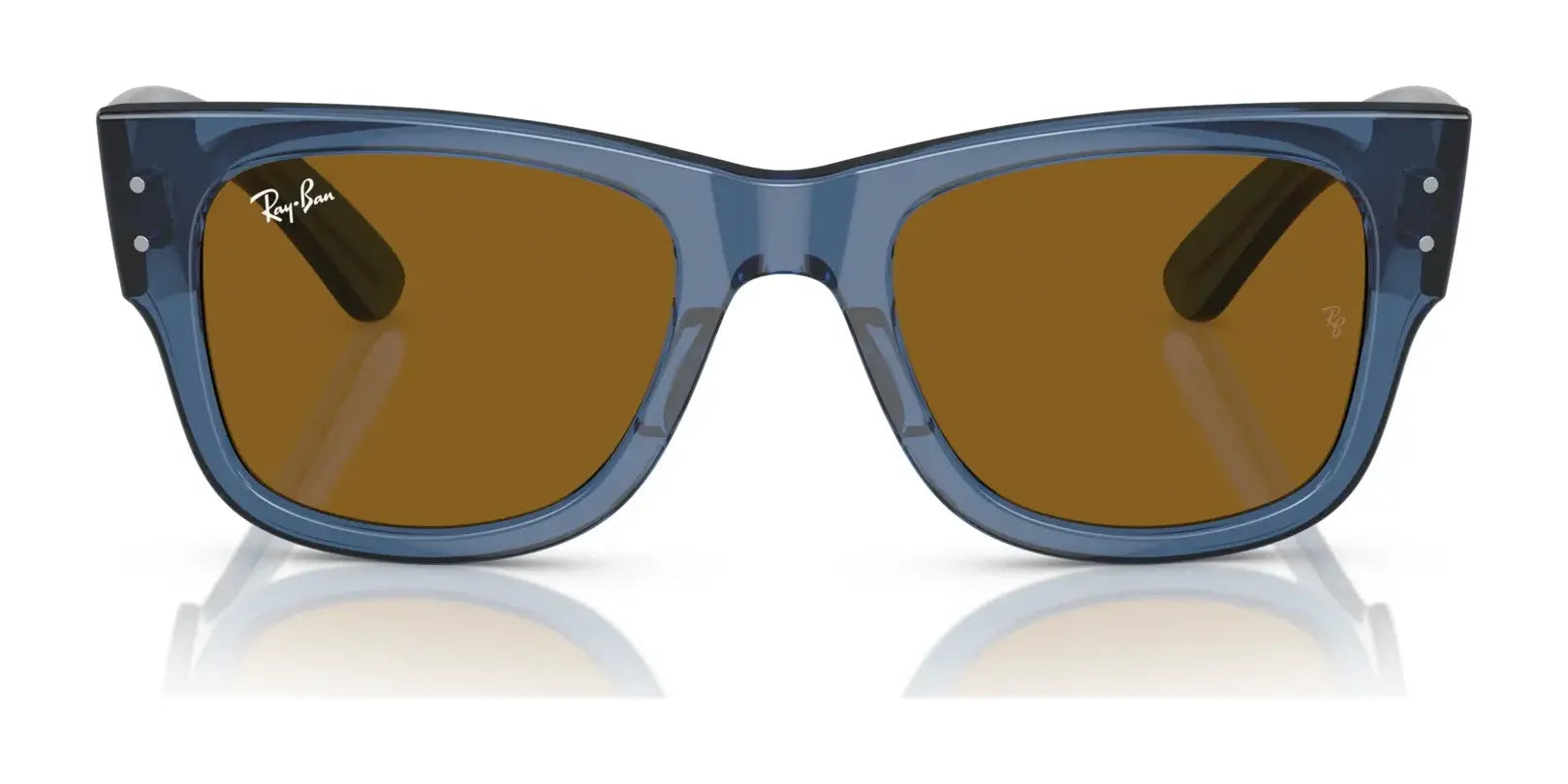 The Ray-Ban MEGA WAYFARER RB0840S sunglasses with blue frames and brown lenses are elegantly displayed on a reflective surface.