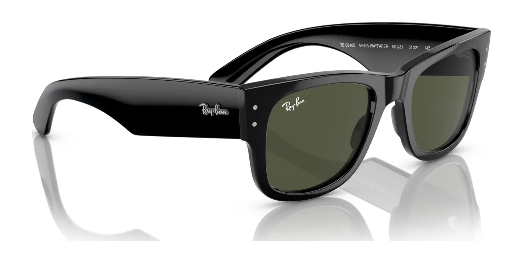 Ray-Ban MEGA WAYFARER RB0840S sunglasses with dark lenses rest stylishly on a reflective surface.