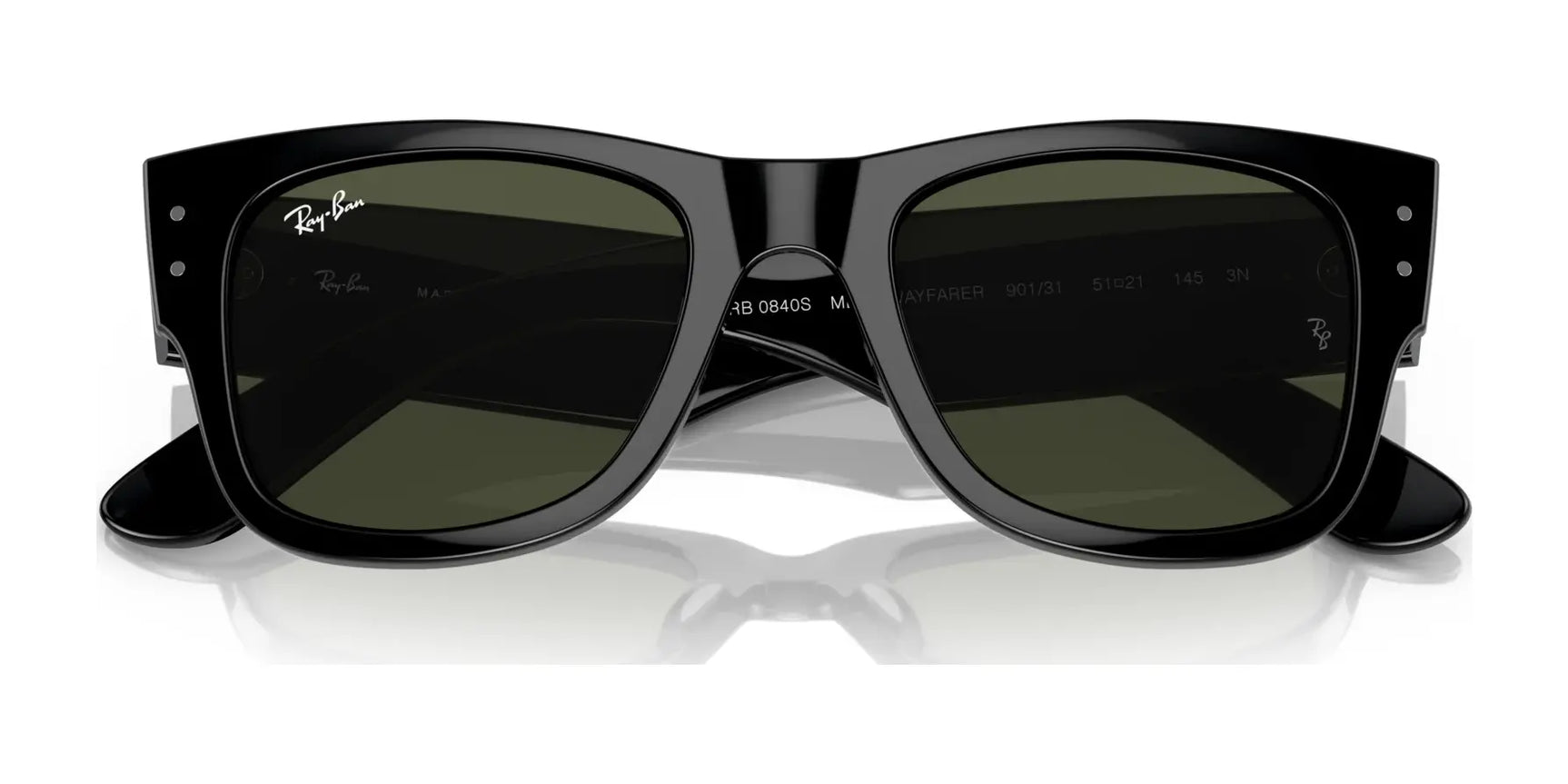 The Ray-Ban MEGA WAYFARER RB0840S sunglasses in size 51 boast sleek black frames, green lenses, and a stylish Ray-Ban logo on the top left corner.