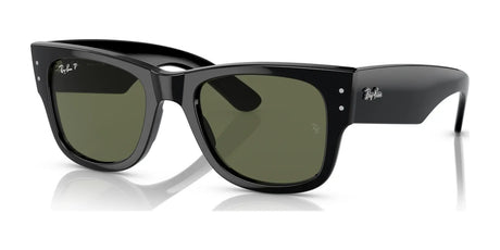 The Ray-Ban MEGA WAYFARER RB0840S Sunglasses in size 51 have black frames with dark green lenses and the iconic logo on the temples, perfect for a stylish look.