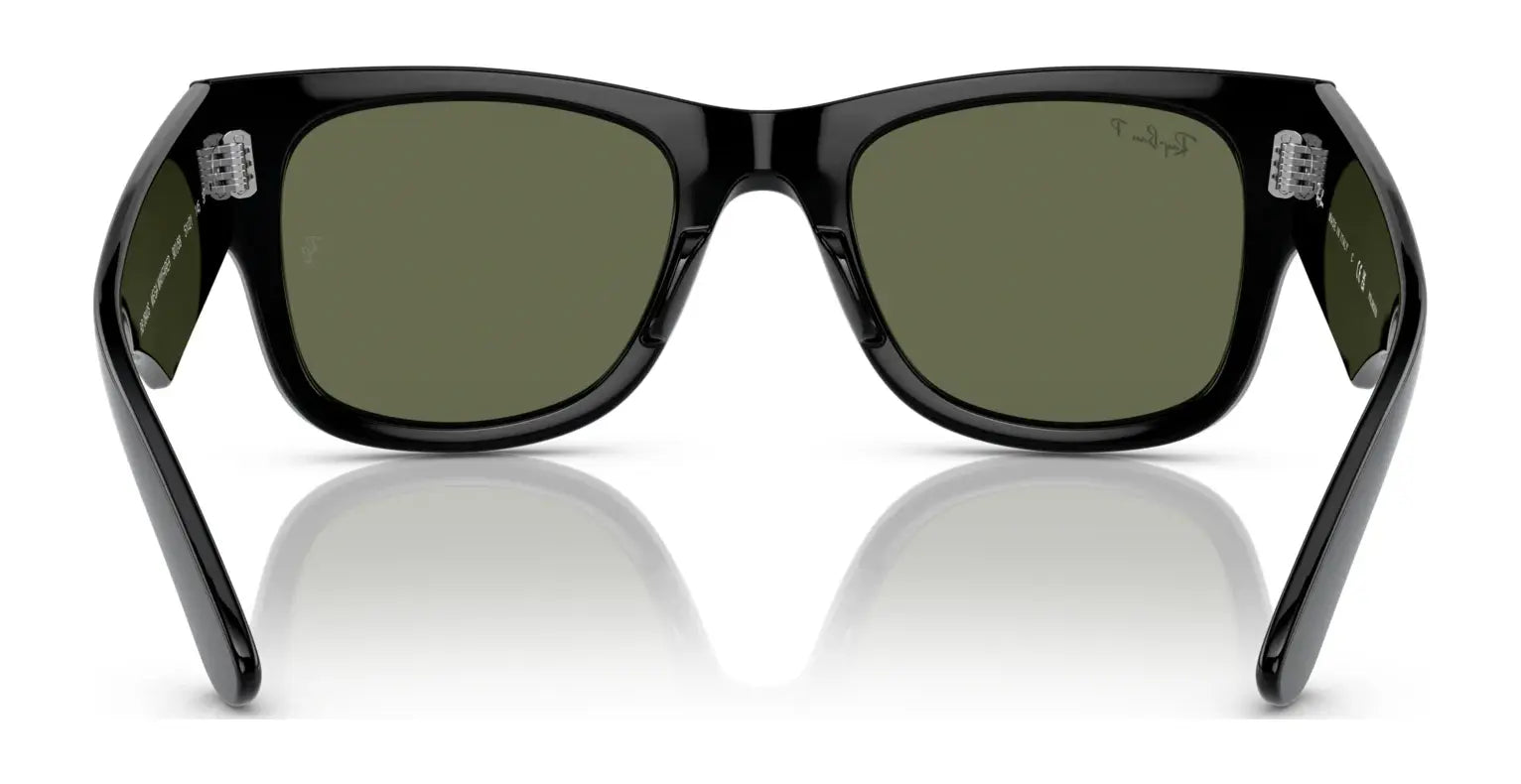 Back view of Ray-Ban MEGA WAYFARER RB0840S Sunglasses, size 51, featuring green mirror lenses on a reflective surface.