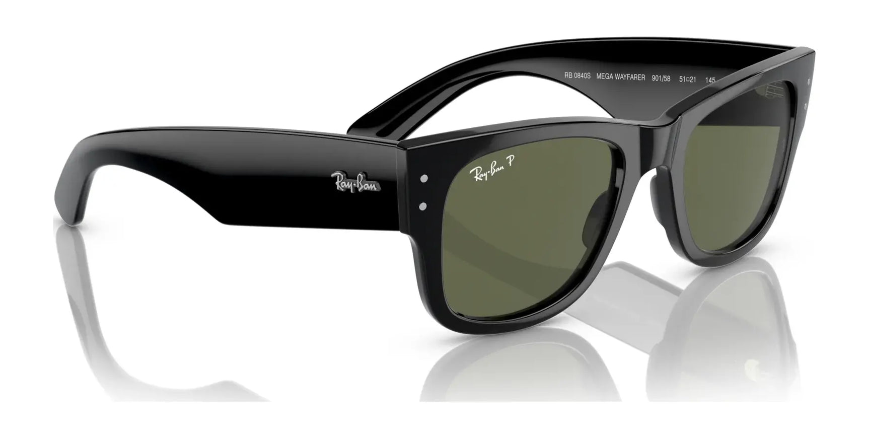 Discover the Ray-Ban MEGA WAYFARER RB0840S Sunglasses in black with green mirror lenses, complete with elegantly engraved logos on the arms and lens. A timeless blend of style and function, these sunglasses are a must-have for any collector.