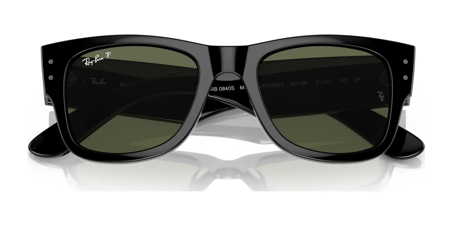 Ray-Ban MEGA WAYFARER RB0840S sunglasses in black with green mirror lenses are showcased against a white background.