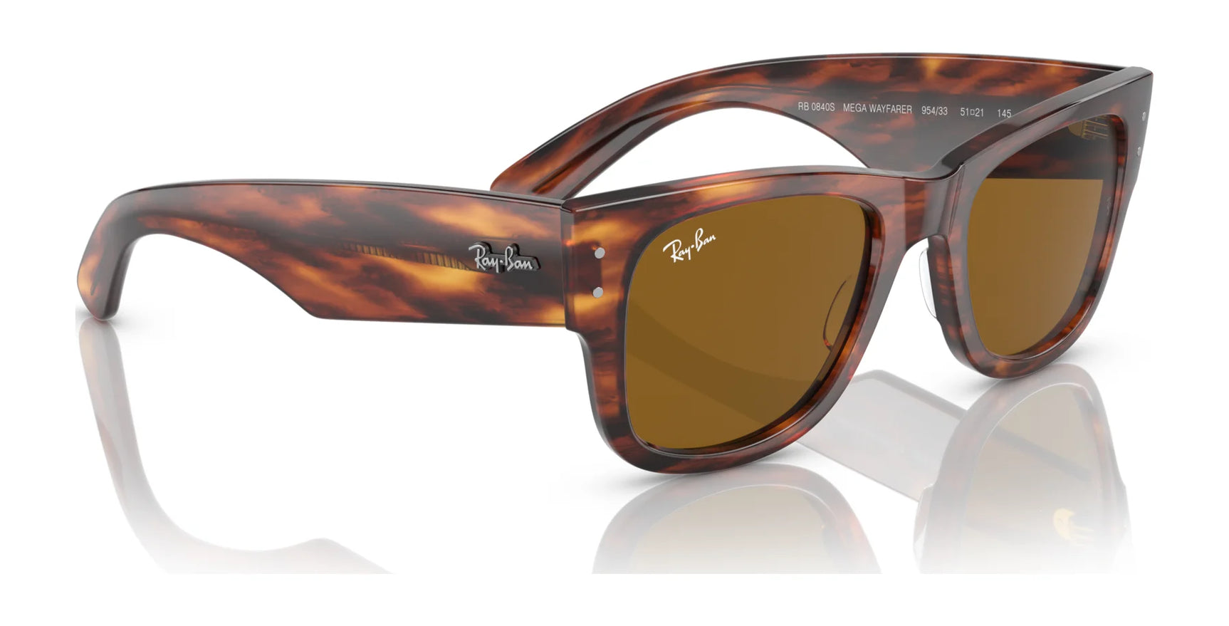 These Ray-Ban MEGA WAYFARER RB0840S Sunglasses in size 51 have tortoiseshell frames, brown lenses, and feature the stylish Ray-Ban logo on the side.