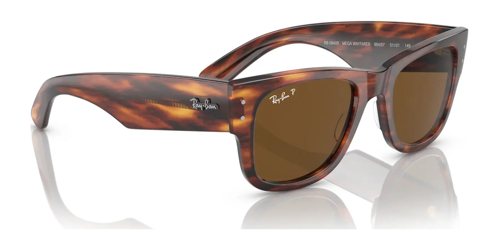 Ray-Ban MEGA WAYFARER RB0840S sunglasses, size 51, with a tortoiseshell frame and brown lenses, feature a classic design and Ray-Ban logo.