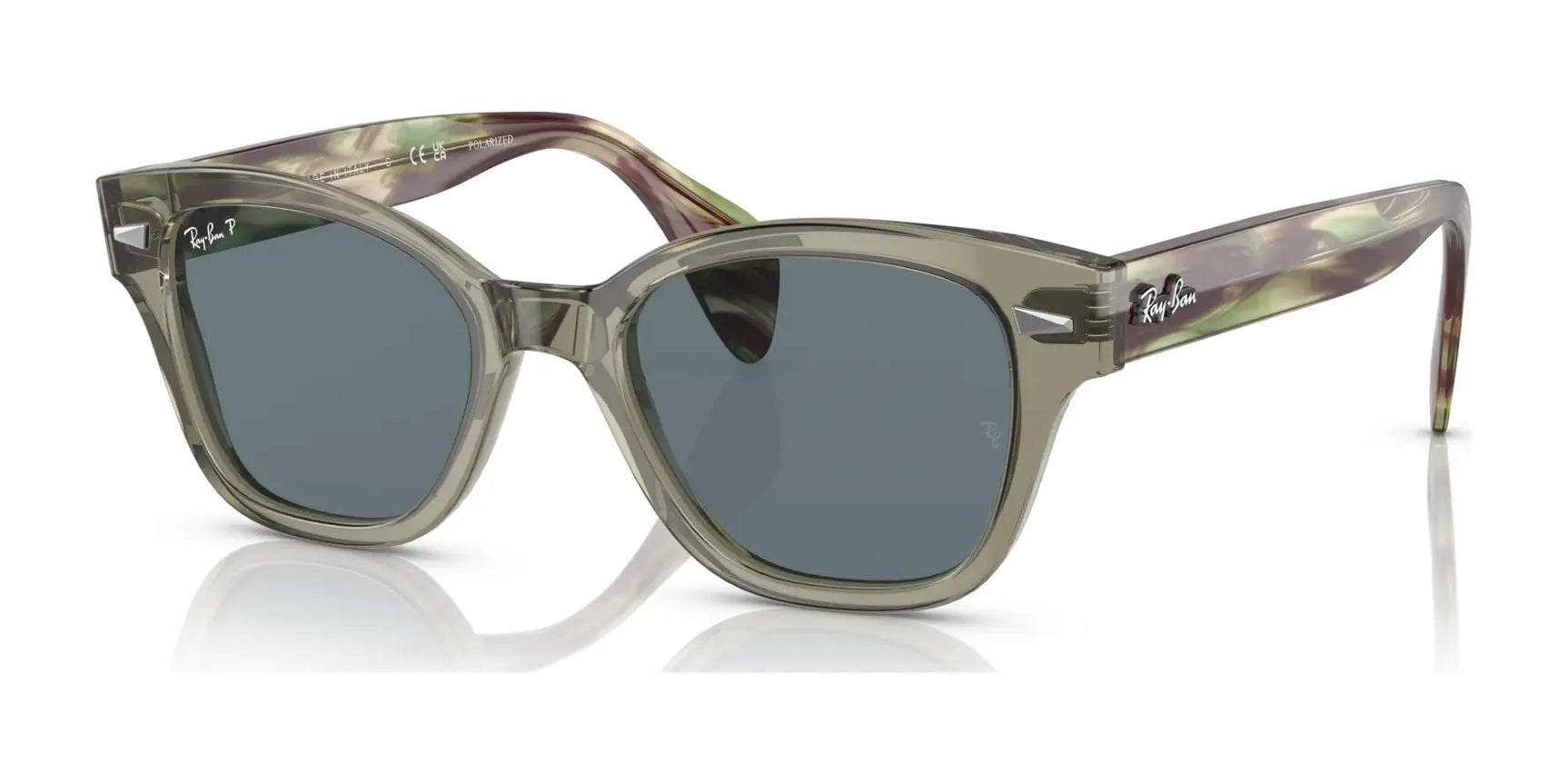 Ray-Ban RB0880S sunglasses, with their green tortoiseshell design and dark lenses, stylishly rest on a reflective surface, perfect for your next outdoor adventure.