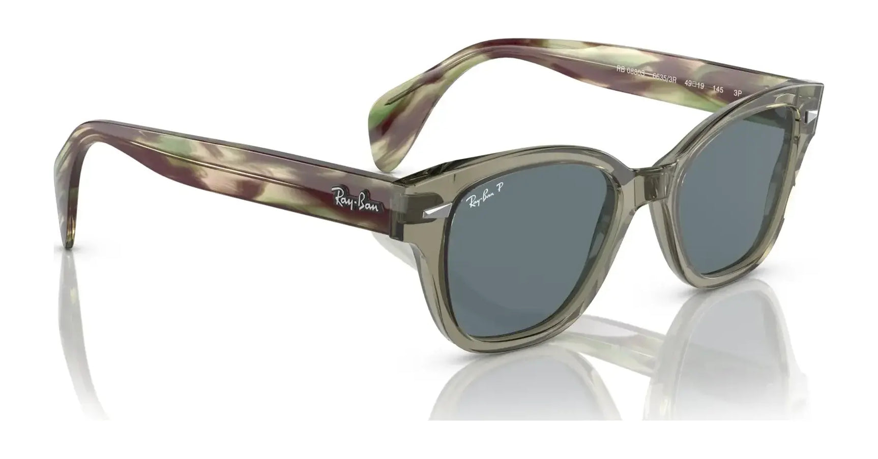 The Ray-Ban RB0880S Sunglasses feature gray tinted lenses with marbled green and brown arms, elegantly showcased on a reflective surface, providing superior UV protection for sunny days.