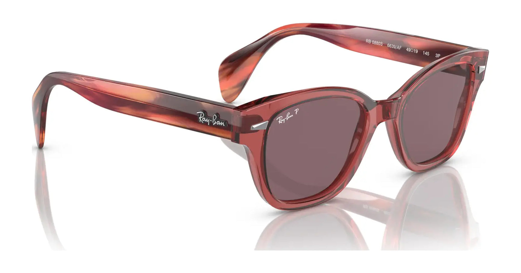 Explore the chic Ray-Ban RB0880S sunglasses with bold red square frames and dark lenses, set against a white backdrop. These stylish shades make a statement while providing top-notch UV protection for your eyes.